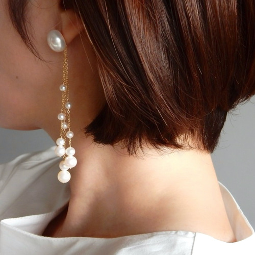 2way 淡水パールロング（3連）ピアス/イヤリング 14kgf ウェディング