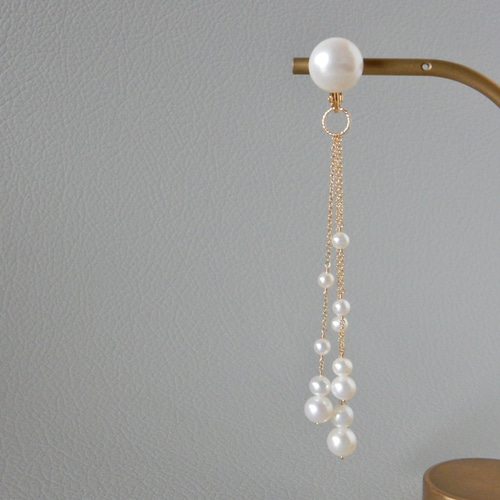 2way 淡水パールロング（3連）ピアス/イヤリング 14kgf ウェディング