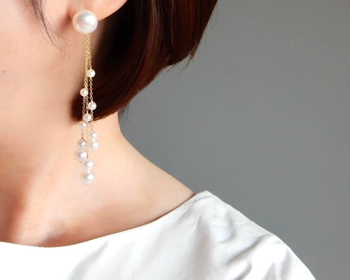 2way 淡水パールロング（3連）ピアス/イヤリング 14kgf ウェディング