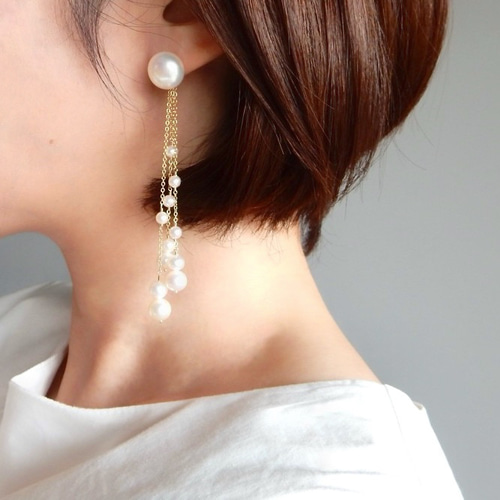 2way 淡水パールロング（3連）ピアス/イヤリング 14kgf ウェディング 