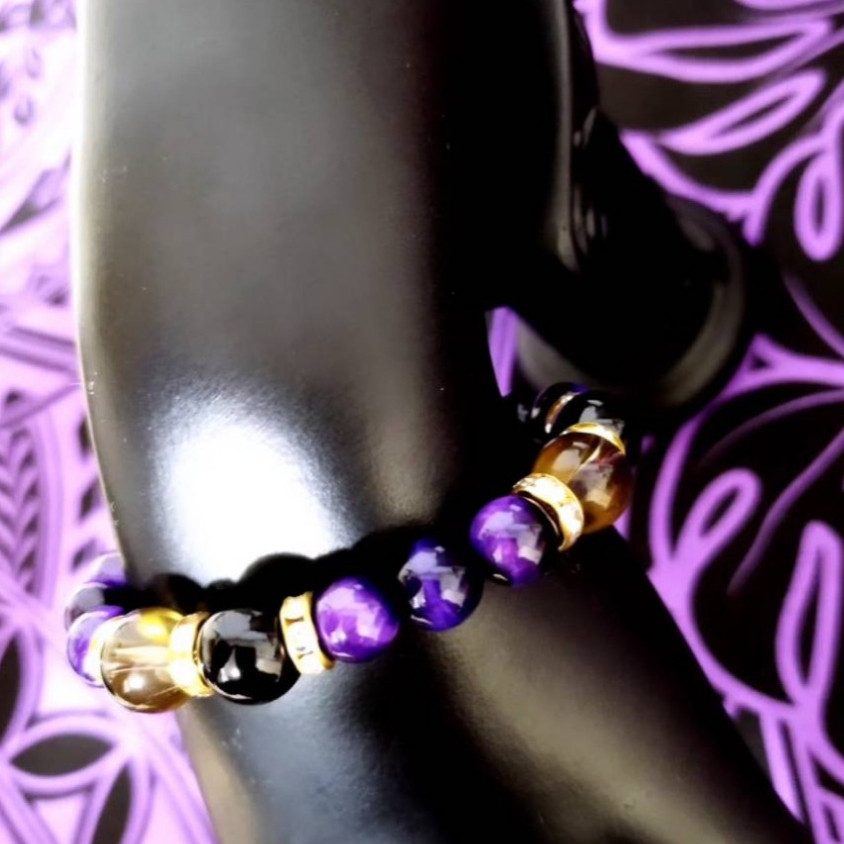 パープルタイガーアイ×ブラックオニキス×スモーキークォーツのブレスレット