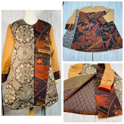 龍郷・柿渋染め幟旗・華紋等大島紬パッチワーク裏キルト付きハーフ  