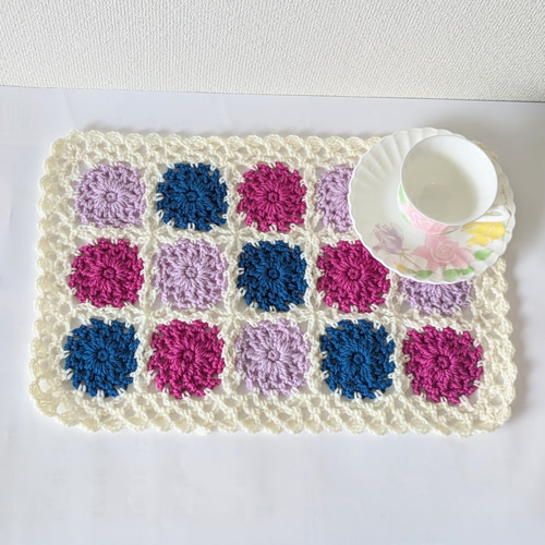 C-46　ハンドメイド＊トルコブルーのクロシェ＊手編みマルチカバー　大判 C-46 ハンドメイド＊トルコブルーのクロシェ＊手編みマルチカバー 大判