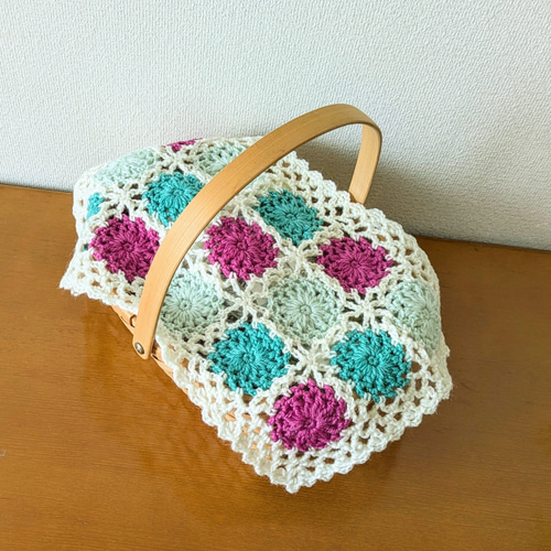 ✨再販 マルチカバー かぎ針編み ウール毛糸 ローズピンク＆エメラルド