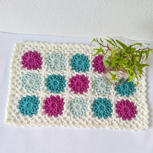 ✨再販 マルチカバー かぎ針編み ウール毛糸 ローズピンク＆エメラルド