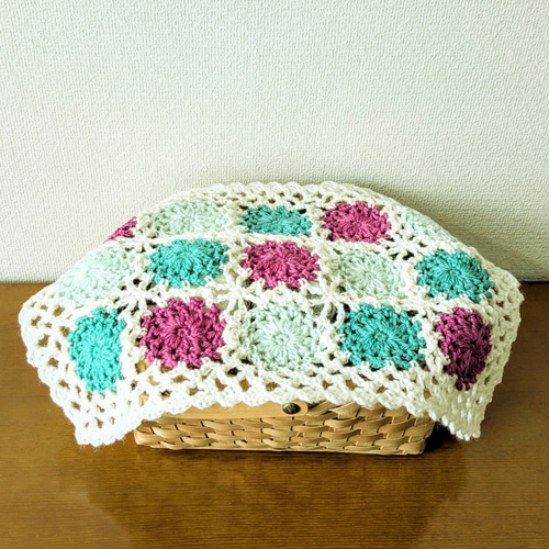 ✨再販 マルチカバー かぎ針編み ウール毛糸 ローズピンク＆エメラルド