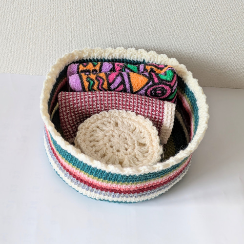 バスケット大 かご かぎ針編み ウール毛糸グリーン 手編み 編み物 直径