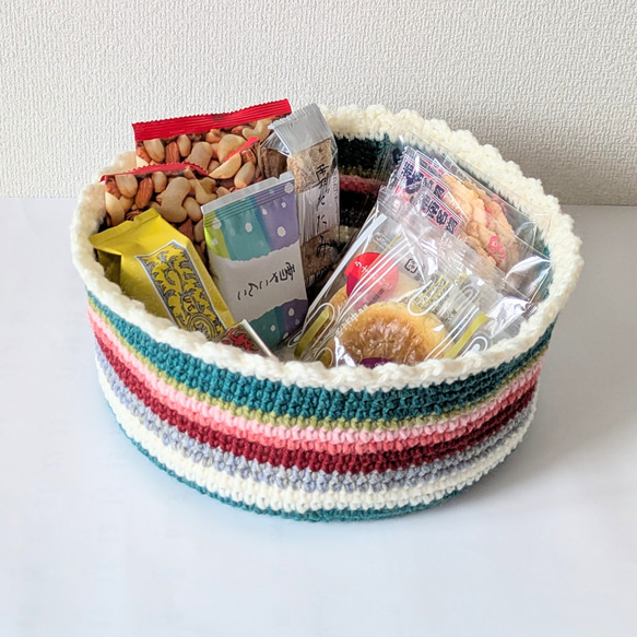 バスケット大 かご かぎ針編み ウール毛糸グリーン 手編み 編み物 直径