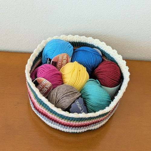 バスケット大 かご かぎ針編み ウール毛糸グリーン 手編み 編み物 直径