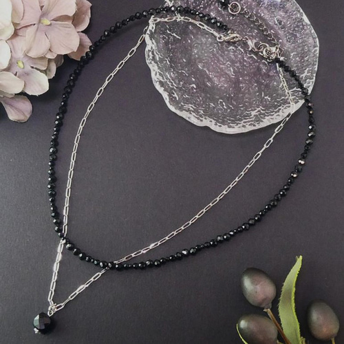 天然石2WAYネックレス「ブラックスピネル/rhodium」ショート