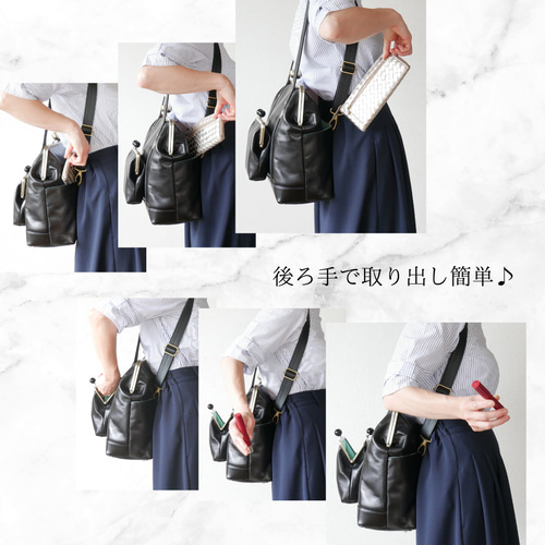 3WAY A4・PC対応 国産本革 大人のためのがま口バッグ レザー Black