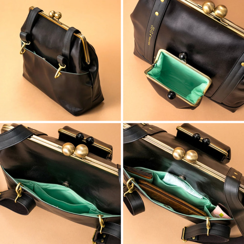 3WAY A4・PC対応 国産本革 大人のためのがま口バッグ レザー Black