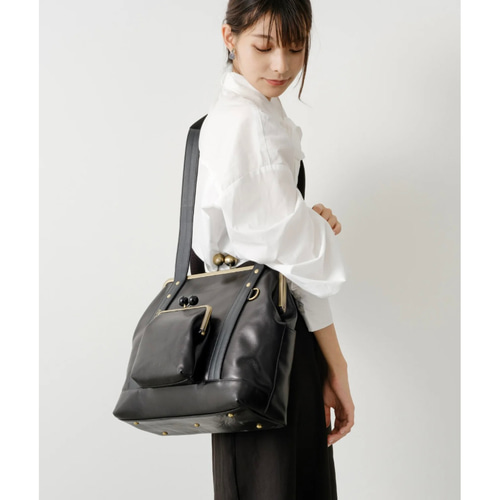 3WAY A4・PC対応 国産本革 大人のためのがま口バッグ レザー Black