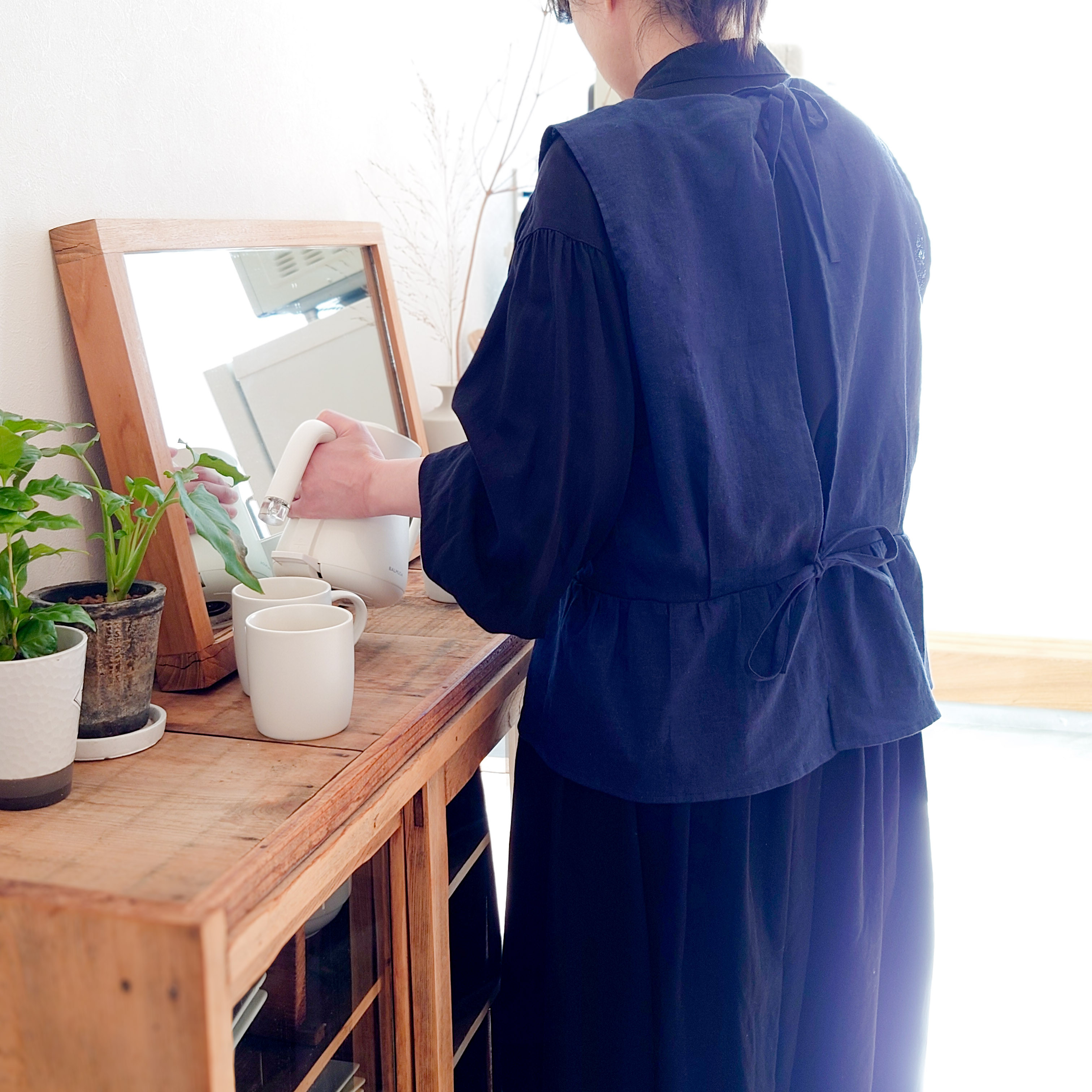 チュニックエプロン＊コットンリネン◎ネイビー ノーアイロン 大人用