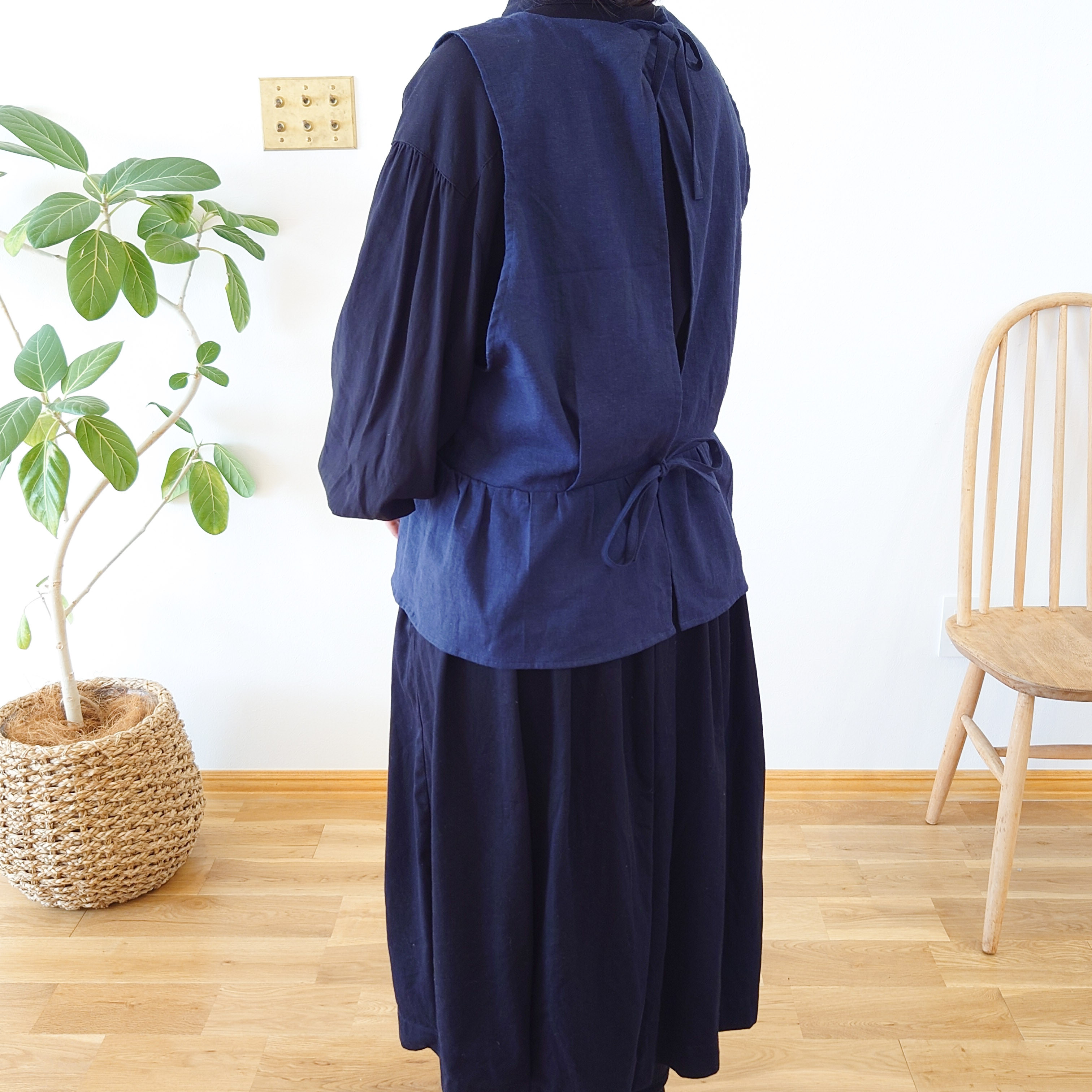 チュニックエプロン＊コットンリネン◎ネイビー ノーアイロン 大人用