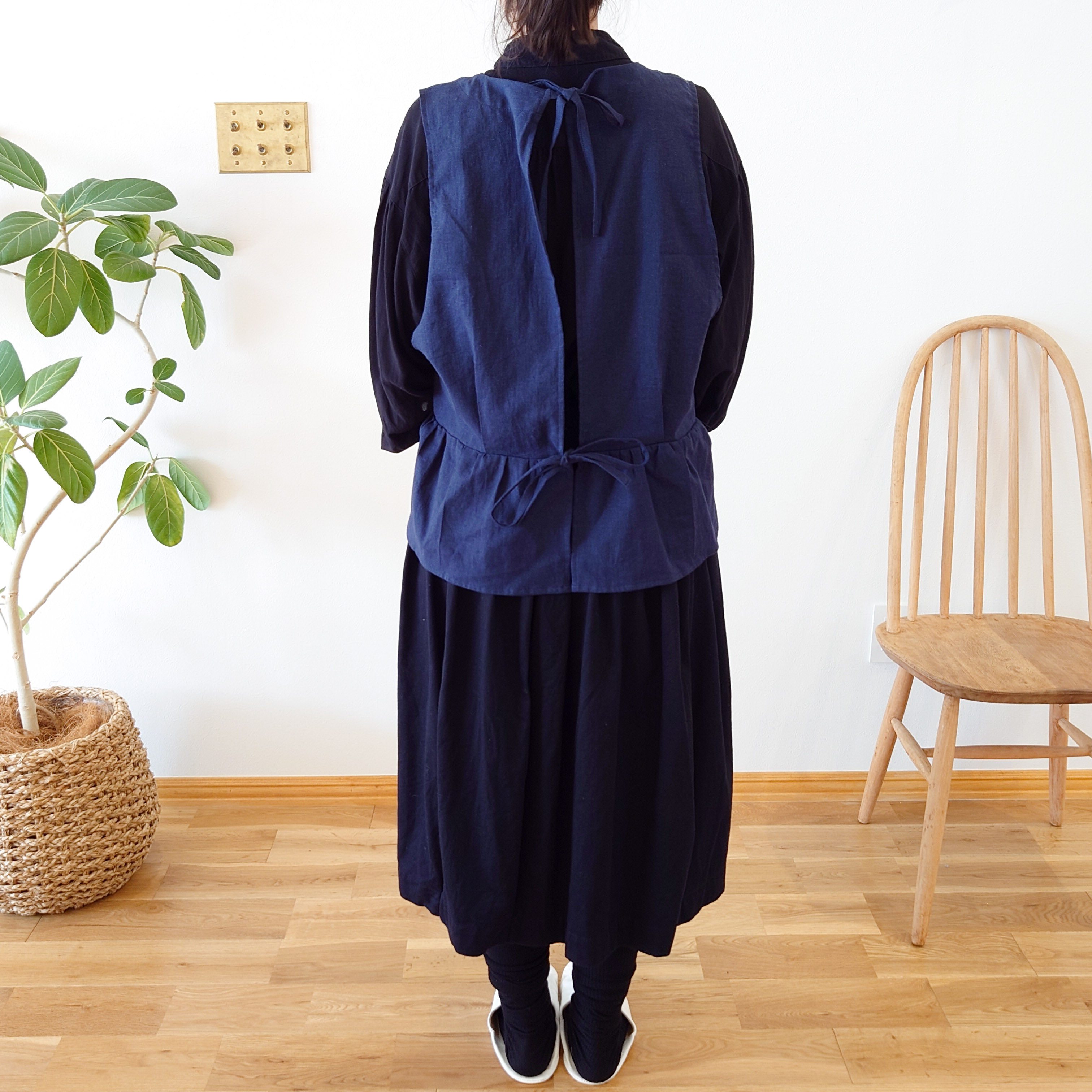 チュニックエプロン＊コットンリネン◎ネイビー ノーアイロン 大人用