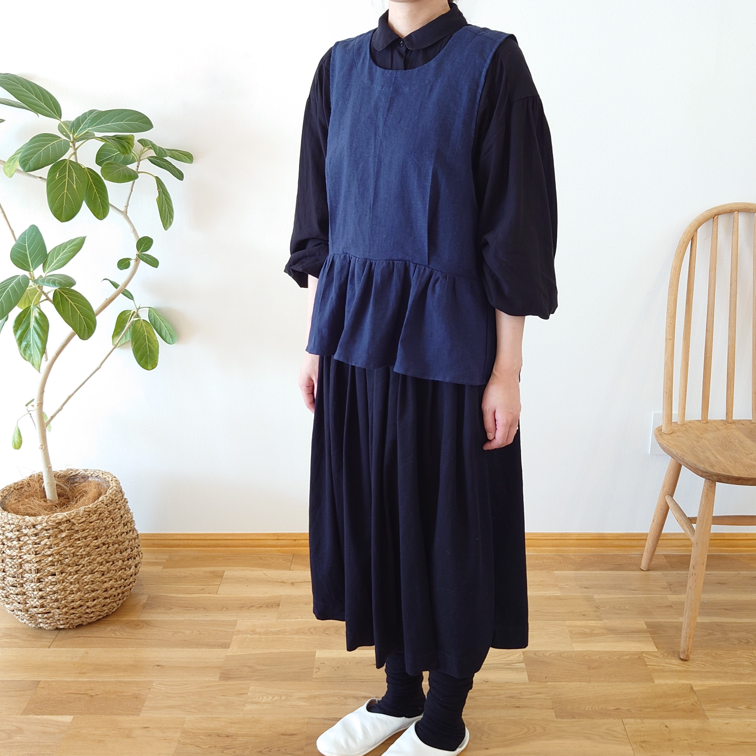 チュニックエプロン＊コットンリネン◎ネイビー ノーアイロン 大人用