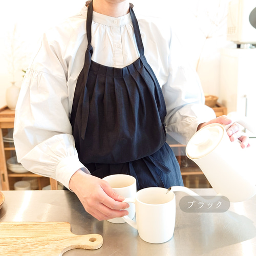 やわらかハーフリネン◎胸当てタックカフェエプロン＊全4色＊カラー