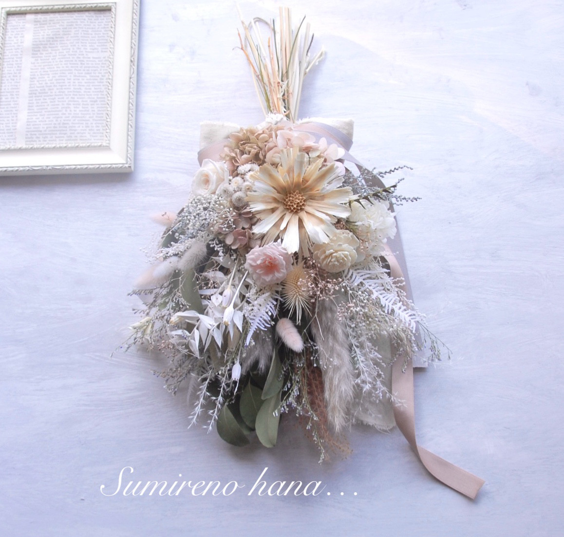 ホワイトピンク~グレーのふんわりスワッグ~simple＆natural ~ローズ入り