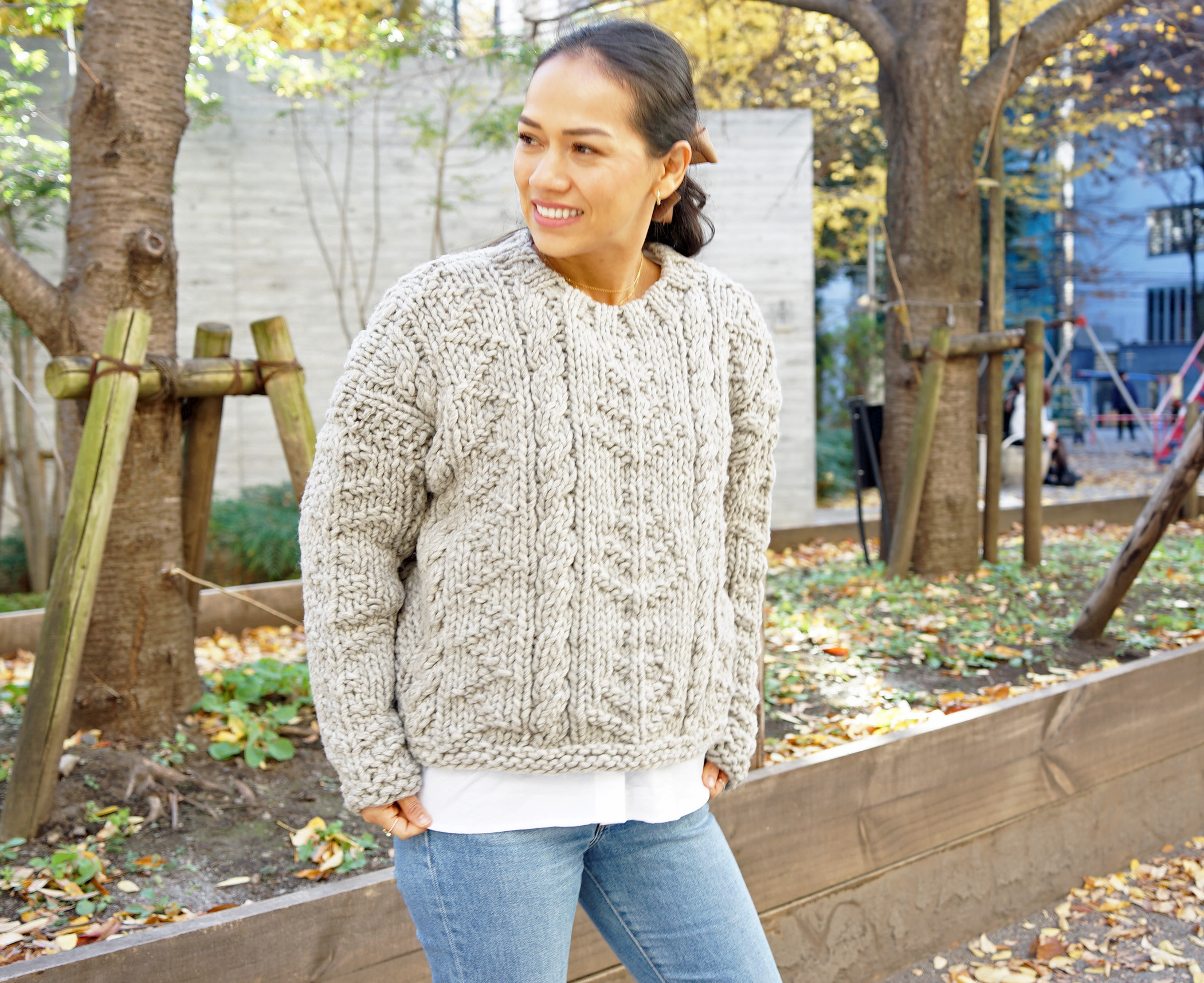 ★SALE【即納可】ローゲージウール・柄編みニット（N-430089-グレー）ペルーニット