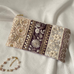 インド刺繍リボンのクラッチポーチ 20センチファスナー ポーチ