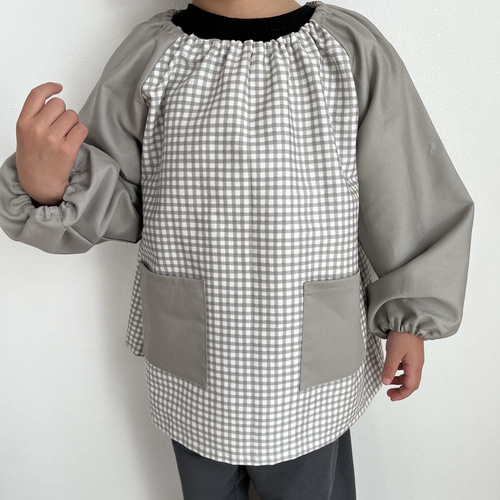チェック✖️グレー・水色 スモック 長袖スモック 男の子 女の子