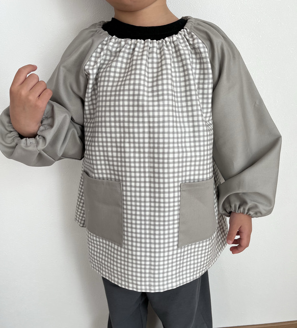 チェック✖️グレー・水色 スモック 長袖スモック 男の子 女の子