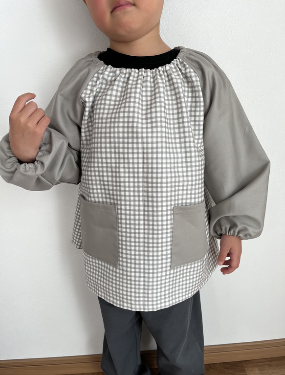 チェック✖️グレー・水色 スモック 長袖スモック 男の子 女の子