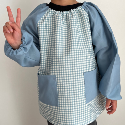 チェック✖️グレー・水色 スモック 長袖スモック 男の子 女の子