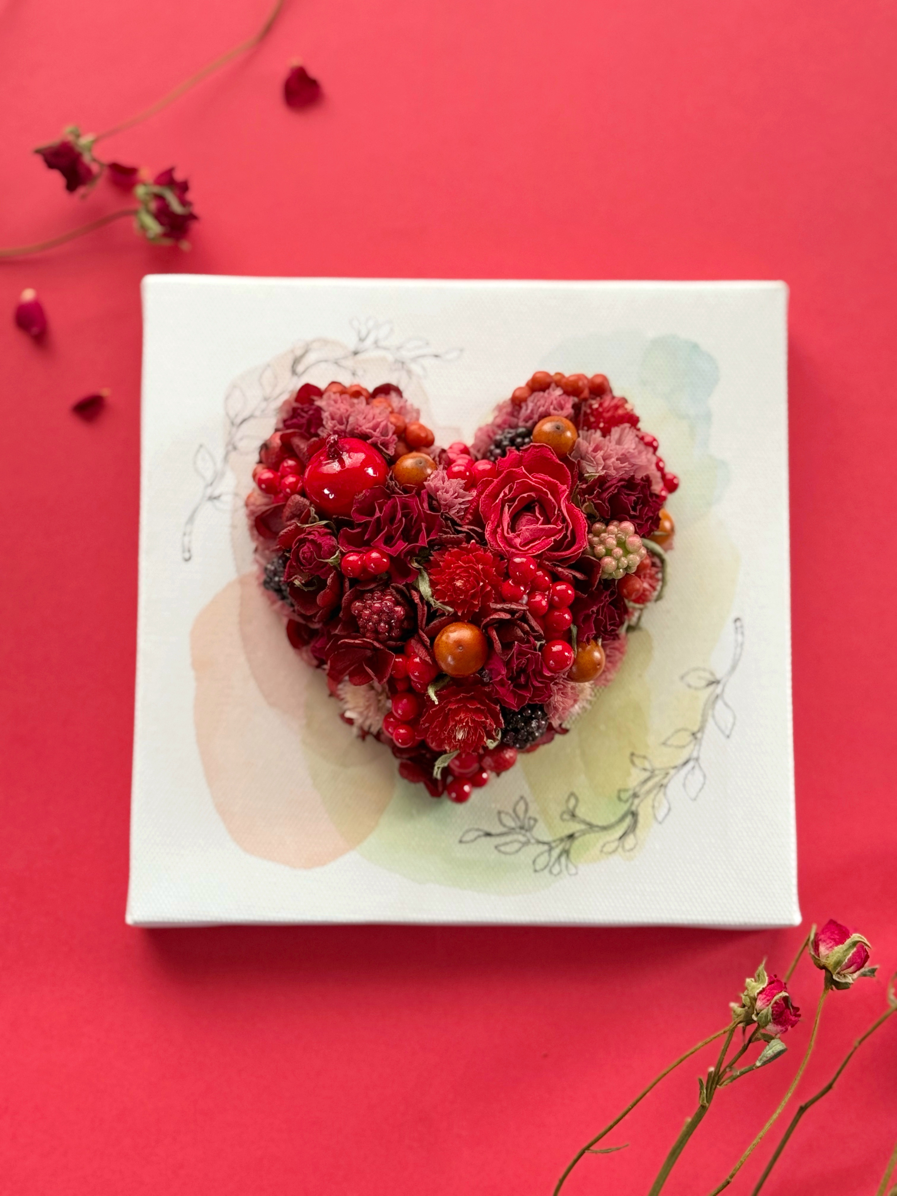 赤いドライフラワー入り壁掛け　インテリア　当時物 Prices down2】ドライフラワー ブーケ 「赤系・黄色系・紫系