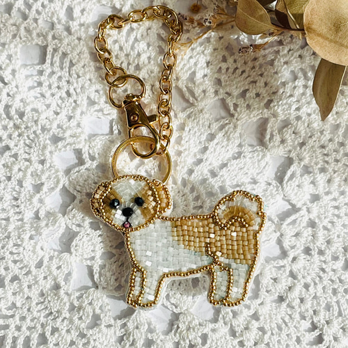 2way】ビーズ刺繍のうちの子ブローチ＆バッグチャーム・シーズー