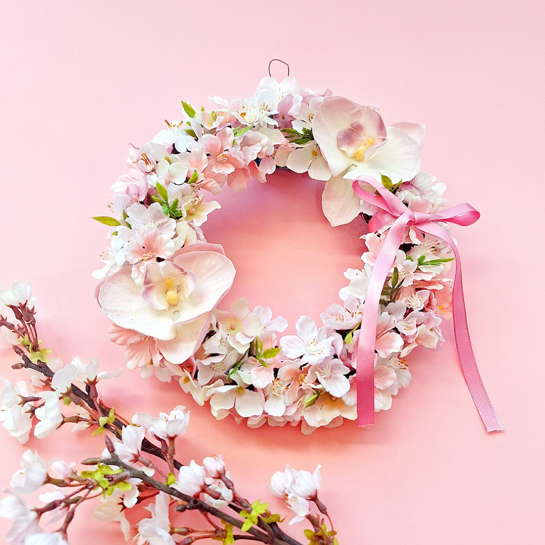 桜リース/桜と胡蝶蘭•紫陽花の春リース/アーティフィシャルフラワー/ひなまつり/送別ギフト/リース箱無料