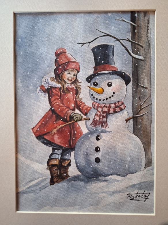 水彩画 美少女と遊ぶ雪だるま 絵画 makochin 通販 18771300｜Creema