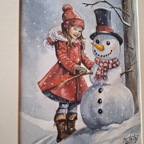 水彩画 美少女と遊ぶ雪だるま 絵画 makochin 通販 18771300｜Creema