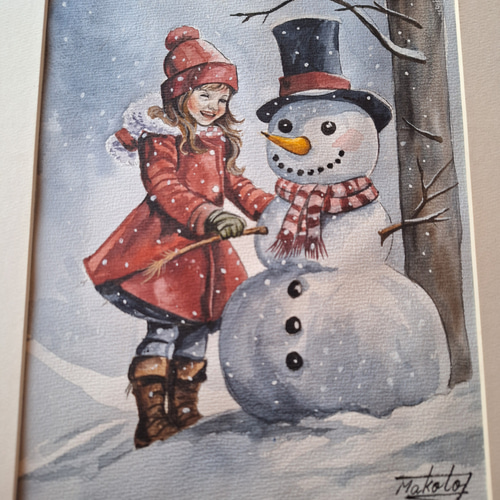 水彩画 美少女と遊ぶ雪だるま 絵画 makochin 通販 18771300｜Creema
