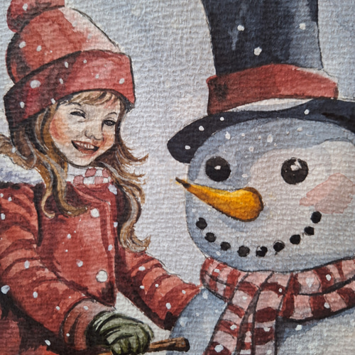 水彩画 美少女と遊ぶ雪だるま 絵画 makochin 通販 18771300｜Creema