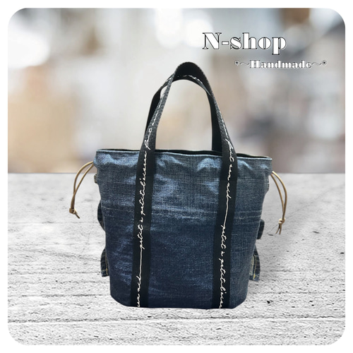 デニムリメイク*楕円底フリル巾着バッグ❥ハンドメイド❥ トートバッグ