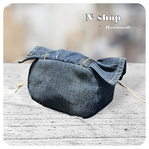 デニムリメイク*楕円底フリル巾着バッグ❥ハンドメイド❥ トートバッグ