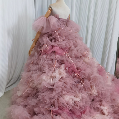 送料無料！カラードレス ピンク もこもこドレス リボン 編み上げ