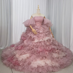 送料無料！カラードレス ピンク もこもこドレス リボン 編み上げ