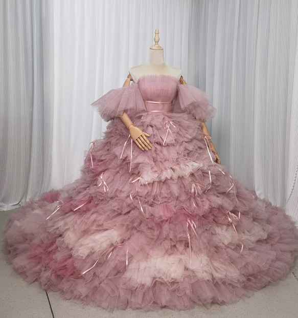 送料無料！カラードレス ピンク もこもこドレス リボン 編み上げ