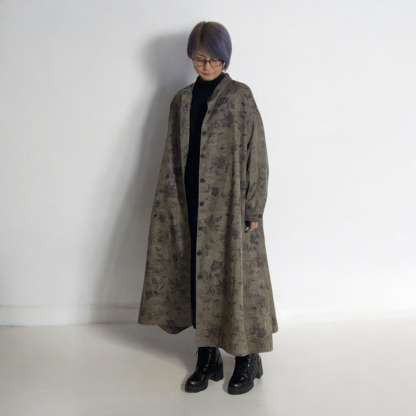 一点物,紬で仕立てたロングシャツ,着物リメイク, 紬ロングシャツ  