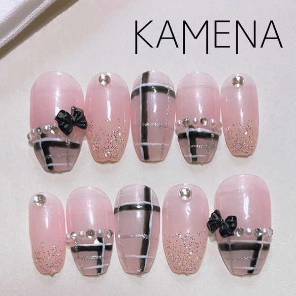 ネイルチップ チェック リボン ワンホン ガーリー 韓国 量産型 ネイルチップ ガーリー ボルドー 韓国 ワンホン チェック キラキラ