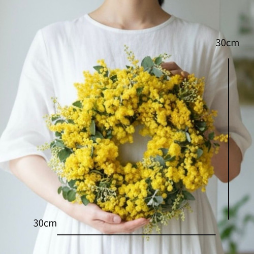ボリュームたっぷり国産 フレッシュ ミモザのリース 25cm 結婚式 卒業