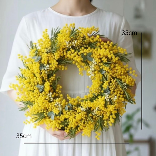 ボリュームたっぷり国産 フレッシュ ミモザのリース 25cm 結婚式 卒業