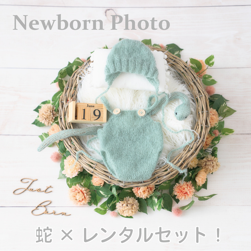 【レンタル】『緑蛇』ニューボーンフォトセット①(カゴ、床、装飾、衣装など)
