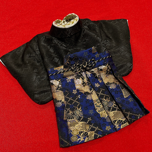 即納✨犬の袴セット✨犬用本格袴セット SM 黒×花紺 扇柄 西陣織 犬の袴✨犬用本格袴セット 金襴西陣織 黒×金 扇柄 犬服 ペット服