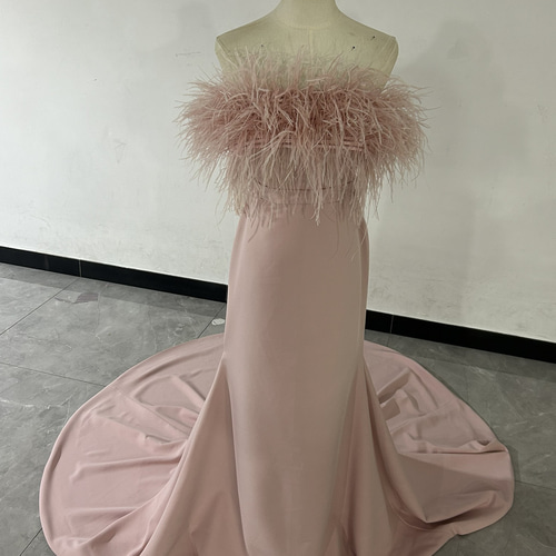 送料無料！ピンクカラードレス ファーフェザー ベアトップ ロング  