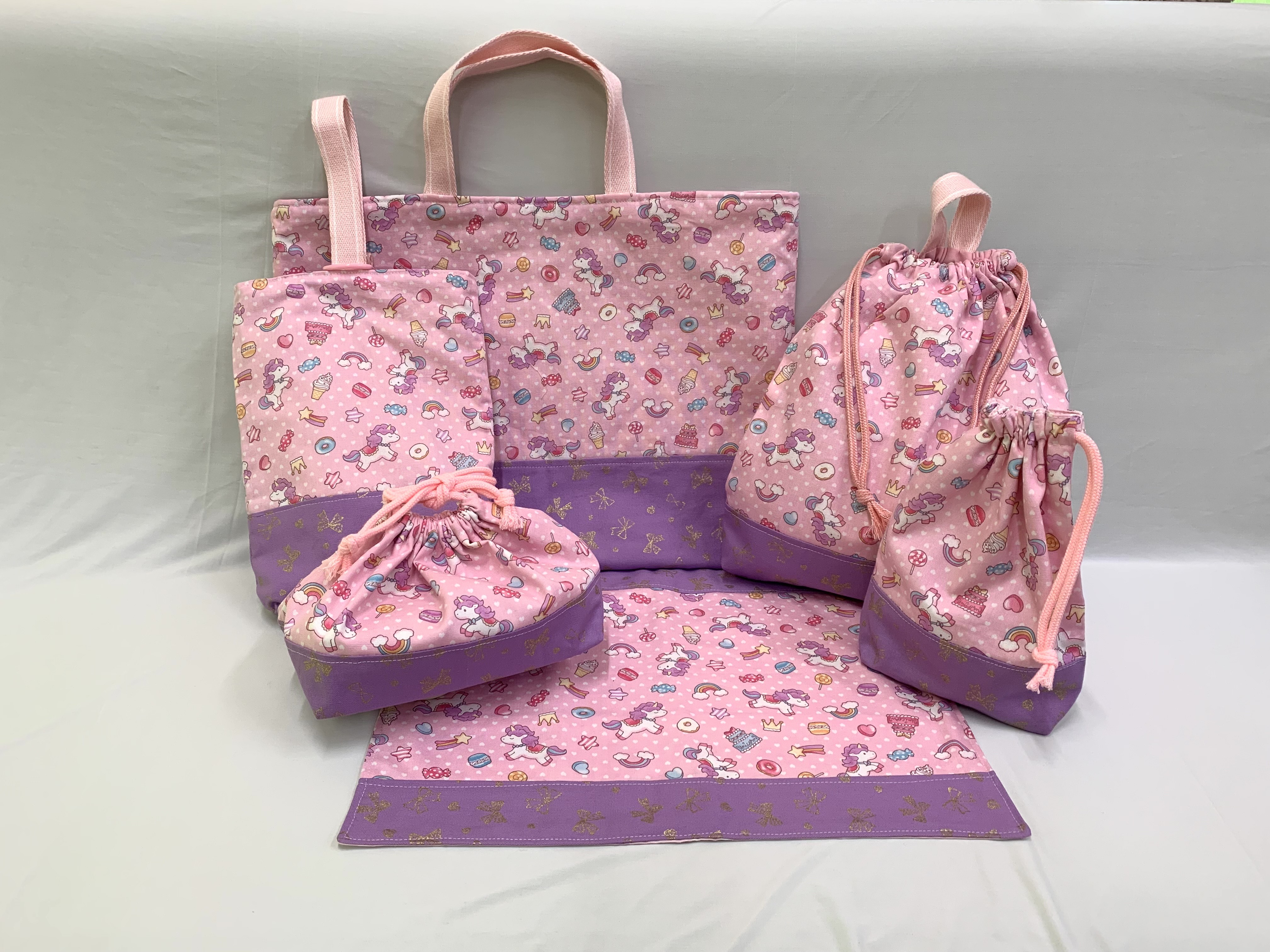 入園入学6点セット　入園グッズ　キルティング　裏地付き　可愛い　通園バッグ　上履き入れ　着替え袋　お弁当袋