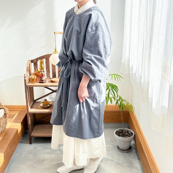 割烹着ワンピース＊やわらかコットン＊ミディアムグレー ノーアイロン